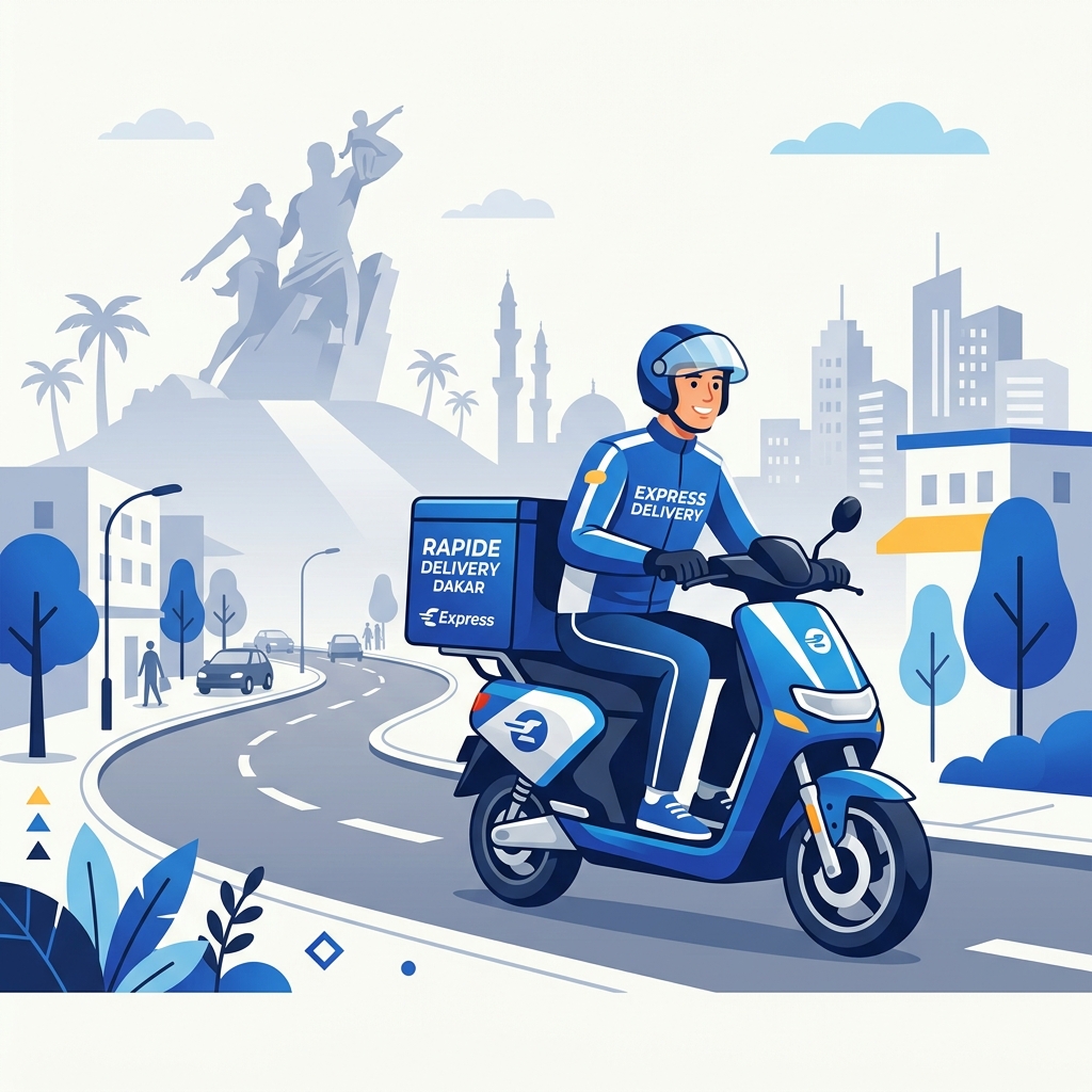 Livreur Blitzer en scooter à Dakar près du Monument de la Renaissance